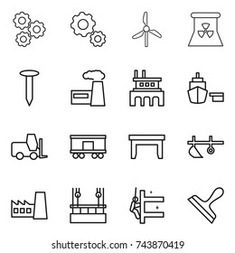 thin line icon set : gear, windmill, nuclear power, nail, factory, port, fork loader, railroad shipping, table, plow, skysrcapers cleaning, skyscrapers, scraper