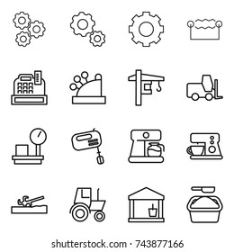 thin line icon set : gear, electrostatic, cashbox, tower crane, fork loader, warehouse scales, mixer, coffee maker, soil cutter, tractor, utility room, washing powder