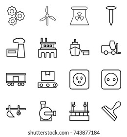 thin line icon set : gear, windmill, nuclear power, nail, factory, port, fork loader, railroad shipping, transporter tape, socket, plow, water pump, skysrcapers cleaning, scraper