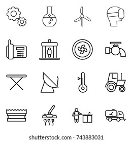 thin line icon set : gear, round flask, windmill, virtual mask, phone, detector, cooler fan, water tap, iron board, satellite antenna, thermometer, tractor, sponge, vacuum cleaner, kitchen cleaning