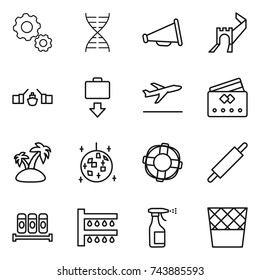 thin line icon set : gear, dna, loudspeaker, greate wall, drawbridge, baggage get, departure, credit card, island, disco ball, lifebuoy, rolling pin, spices, watering, sprayer, trash bin