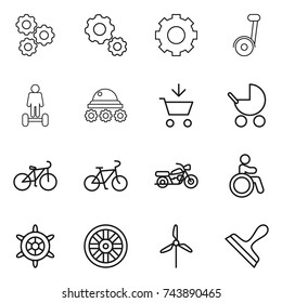 thin line icon set : gear, segway, hoverboard, lunar rover, add to cart, baby stroller, bike, motorcycle, invalid, handwheel, wheel, windmill, scraper