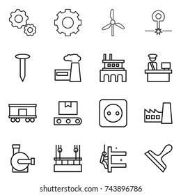 thin line icon set : gear, windmill, laser, nail, factory, customs control, railroad shipping, transporter tape, power socket, water pump, skysrcapers cleaning, skyscrapers, scraper