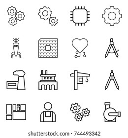 thin line icon set : gear, chip, dna modify, cpu, cardio, draw compass, factory, tower crane, drawing compasses, consolidated cargo, workman, gears, water pump