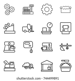 thin line icon set : gear, cashbox, electrostatic, fork loader, warehouse scales, atm, coffee maker, mixer, plow, harvester, trash truck, utility room, washing powder