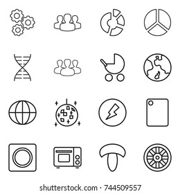thin line icon set : gear, group, circle diagram, dna, baby stroller, earth, globe, disco ball, electricity, cutting board, ring button, grill oven, mushroom, wheel