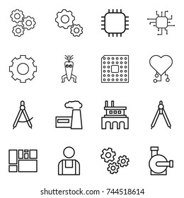 thin line icon set : gear, chip, dna modify, cpu, cardio, draw compass, factory, drawing compasses, consolidated cargo, workman, gears, water pump