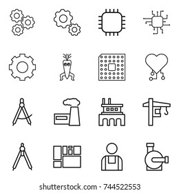 thin line icon set : gear, chip, dna modify, cpu, cardio, draw compass, factory, tower crane, drawing compasses, consolidated cargo, workman, water pump