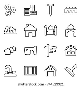 thin line icon set : gear, store, nail, bridge, project, home, minaret, houses, slum, tower crane, house, water tap, window, barn, scraper