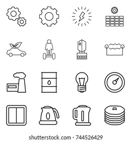 thin line icon set : gear, lightning, sun power, eco car, hoverboard, crystall memory, electrostatic, factory, barrel, bulb, barometer, switch, kettle, pancakes