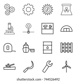 thin line icon set : gear, sun power, nuclear, microscope, laser, tools, hangare, measuring tape, port, barrel, pallet, soil cutter, sickle, wrench, windmill