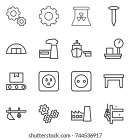 thin line icon set : gear, nuclear power, nail, hangare, factory, port, warehouse scales, transporter tape, socket, table, plow, gears, skyscrapers cleaning