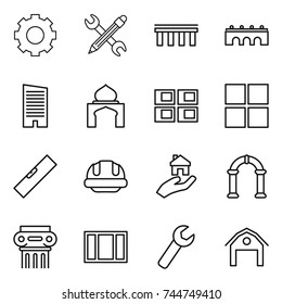 thin line icon set : gear, pencil wrench, bridge, skyscraper, minaret, panel house, window, level, building helmet, real estate, arch, antique column, barn