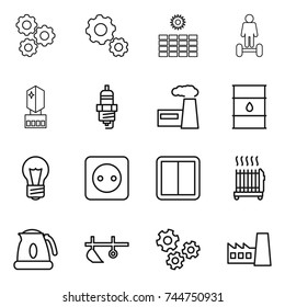 thin line icon set : gear, sun power, hoverboard, crystall memory, spark plug, factory, barrel, bulb, socket, switch, radiator, kettle, plow, gears