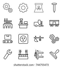 thin line icon set : gear, nuclear power, nail, factory, customs control, fork loader, railroad shipping, transporter tape, socket, plow, gears, wrench, skysrcapers cleaning, skyscrapers, scraper