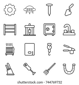 thin line icon set : gear, ufo, nail, construction, rack, detector, safe, water tap, radiator, kitchen scales, handle, garlic clasp, knife holder, blender, fork, horseshoe