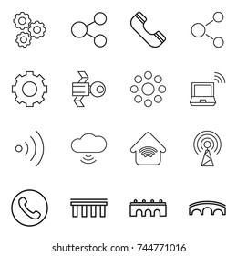 thin line icon set : gear, share, phone, molecule, satellite, round around, notebook wireless, cloud, home, antenna, bridge