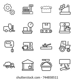 thin line icon set : gear, cashbox, electrostatic, fork loader, warehouse scales, transporter tape, coffee maker, mixer, soil cutter, tractor, trash truck, utility room, washing powder, hand dryer