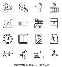 thin line icon set : gear, bulb brain, sun power, nuclear, battery, factory, barrel, barometer, switch, speaker, kettle, plow, windmill