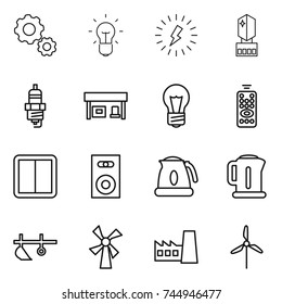 thin line icon set : gear, bulb, lightning, crystall memory, spark plug, gas station, remote control, power switch, speaker, kettle, plow, windmill, factory
