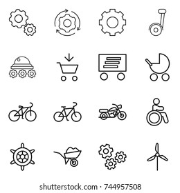thin line icon set : gear, around, segway, lunar rover, add to cart, delivery, baby stroller, bike, motorcycle, invalid, handwheel, wheelbarrow, gears, windmill