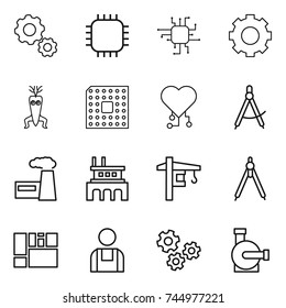 thin line icon set : gear, chip, dna modify, cpu, cardio, draw compass, factory, tower crane, drawing compasses, consolidated cargo, workman, gears, water pump