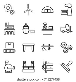 thin line icon set : gear, windmill, hangare, factory, port, customs control, fork loader, transporter tape, table, plow, gears, water pump, skysrcapers cleaning, skyscrapers, scraper