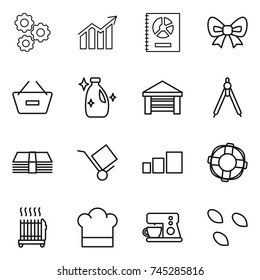 thin line icon set : gear, diagram, annual report, bow, remove from basket, cleanser, garage, drawing compasses, money, trolley, sorting, lifebuoy, radiator, cook hat, coffee maker, seeds