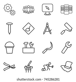 thin line icon set : gear, team, monitor arrow, server, nail, under construction, draw compass, repair, bucket, tools, sickle, wrench, pruner, vacuum cleaner, floor washing
