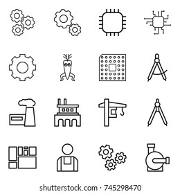 thin line icon set : gear, chip, dna modify, cpu, draw compass, factory, tower crane, drawing compasses, consolidated cargo, workman, gears, water pump