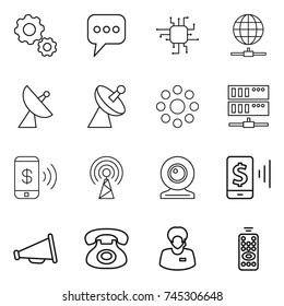 thin line icon set : gear, message, chip, globe connect, satellite antenna, round around, server, phone pay, web cam, mobile, loudspeaker, support manager, remote control
