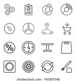 thin line icon set : gear, report, circle diagram, percent, car pointer, add to cart, watch, table, cutting board, ring button, wheel, reload, toilet brush