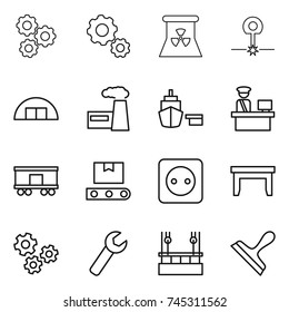 thin line icon set : gear, nuclear power, laser, hangare, factory, port, customs control, railroad shipping, transporter tape, socket, table, gears, wrench, skysrcapers cleaning, scraper