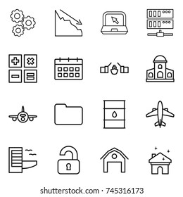 thin line icon set : gear, crisis, notebook, server, calculator, calendar, drawbridge, mansion, plane, documents, barrel, airplane, hotel, unlocked, barn, house cleaning