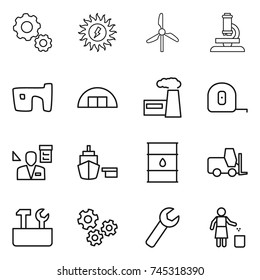 thin line icon set : gear, sun power, windmill, microscope, slum, hangare, factory, measuring tape, architector, port, barrel, fork loader, repair tools, gears, wrench, garbage bin