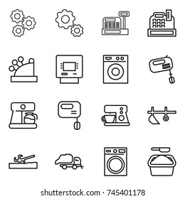 thin line icon set : gear, cashbox, atm, washing machine, mixer, coffee maker, plow, soil cutter, trash truck, powder