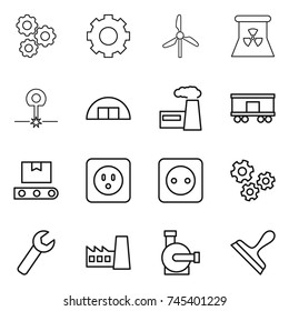 thin line icon set : gear, windmill, nuclear power, laser, hangare, factory, railroad shipping, transporter tape, socket, gears, wrench, water pump, scraper