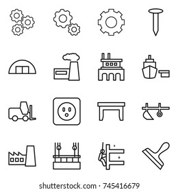 thin line icon set : gear, nail, hangare, factory, port, fork loader, power socket, table, plow, skysrcapers cleaning, skyscrapers, scraper