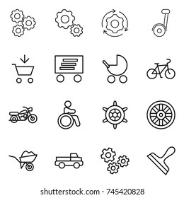 thin line icon set : gear, around, segway, add to cart, delivery, baby stroller, bike, motorcycle, invalid, handwheel, wheel, wheelbarrow, pickup, gears, scraper