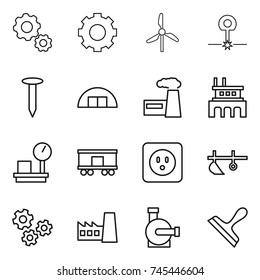 thin line icon set : gear, windmill, laser, nail, hangar, factory, warehouse scales, railroad shipping, power socket, plow, gears, water pump, scraper