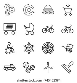 thin line icon set : gear, around, lunar rover, add to cart, delivery, baby stroller, bike, invalid, handwheel, wheel, wheelbarrow, pickup, gears, windmill, scraper