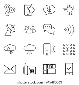 conjunto de iconos de línea delgada: equipo, tacto, mensaje de dinero, chip, antena de satélite, grupo, discusión, inalámbrico, servicio nublado, cloud, pago telefónico, correo, carga consolidada, control móvil