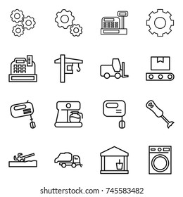 thin line icon set : gear, cashbox, tower crane, fork loader, transporter tape, mixer, coffee maker, blender, soil cutter, trash truck, utility room, washing machine