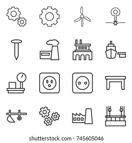 thin line icon set : gear, windmill, laser, nail, factory, port, warehouse scales, power socket, table, plow, gears, skysrcapers cleaning
