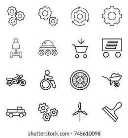 thin line icon set : gear, around, hoverboard, lunar rover, add to cart, delivery, motorcycle, invalid, wheel, wheelbarrow, pickup, gears, windmill, scraper