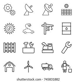 thin line icon set : gear, satellite antenna, sun power, electric car, tower crane, barrel, pallet, repair tools, harvester, wrench, barn, windmill, sweeper, garbage bin