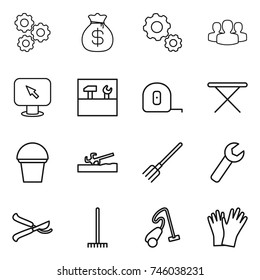 thin line icon set : gear, money bag, group, monitor arrow, tools, measuring tape, iron board, bucket, soil cutter, fork, wrench, pruner, rake, vacuum cleaner, gloves