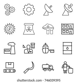 thin line icon set : gear, satellite antenna, sun power, nuclear, factory filter, modular house, architector, port, barrel, transporter tape, sickle, sweeper, garbage bin