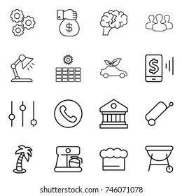 thin line icon set : gear, money gift, brain, group, table lamp, sun power, eco car, mobile pay, equalizer, phone, library, suitcase, palm, coffee maker, chief hat, bbq