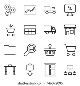 thin line icon set : gear, statistics, truck, monitor arrow, add to cart, market, delivery, shop, documents, cargo search, basket, suitcase, baggage get, window, hierarchy